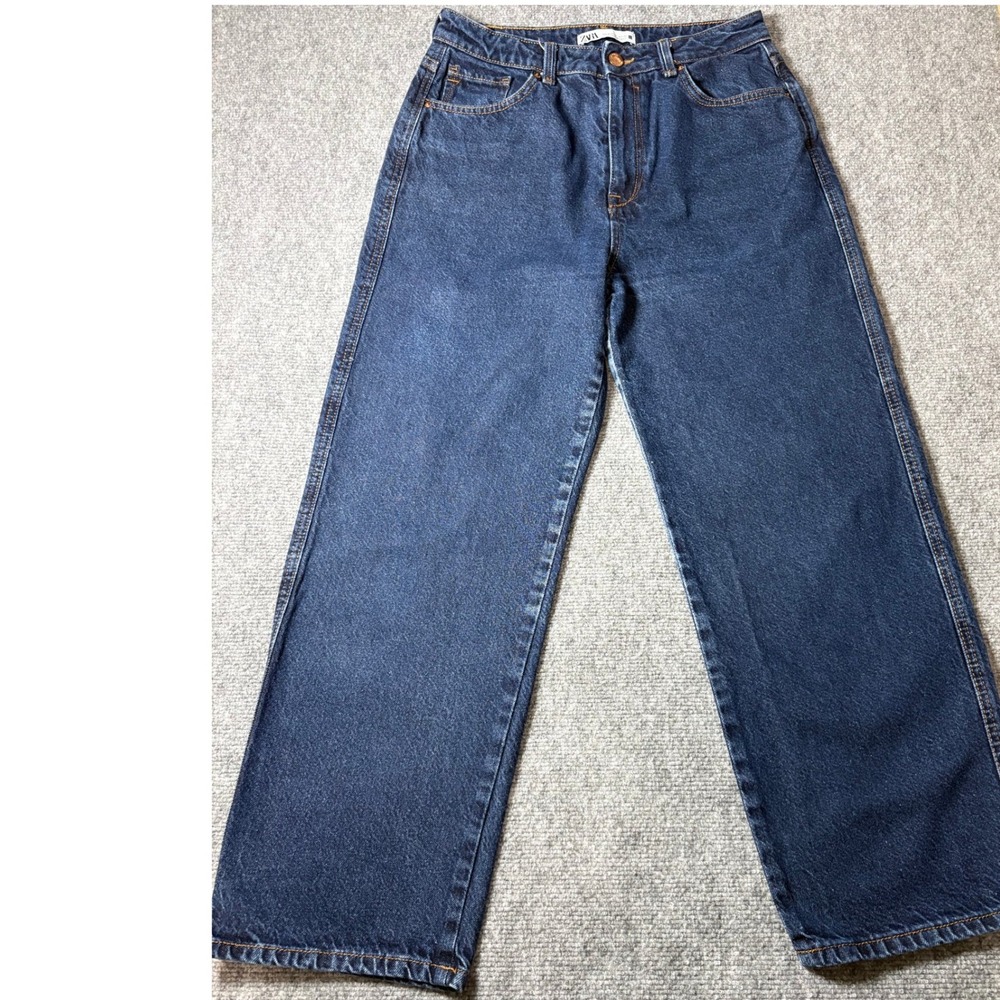 Zara Womens High Waisted Wide Leg Jeans Dark Wash Indigo Blue Size 28
